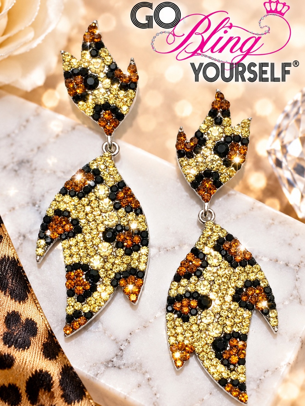 Custom Leopard Crystal Drop Earrings in Gold and Black
